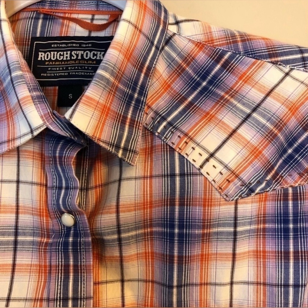 ROUGH STOCK Panhandle Slim Blue and Red Plaid Button Down Shirt-S 100% Cotton - Picture 3 of 7